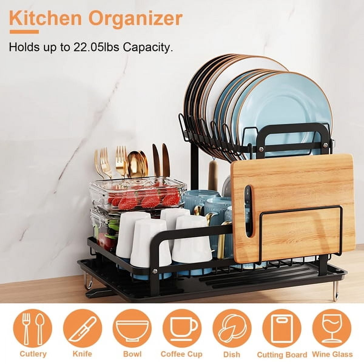 COTINSE 2-Tier Dish Drying Rack with Drainboard, Large Carbon Steel Dish Rack for Kitchen Counter with Utensil Holder, Black