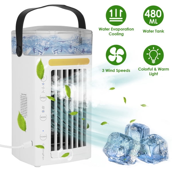 COTINSE Personal Evaporative Air Cooler, 4-in-1 USB Desktop Cooling Fan with 3 Speeds Nightlight and 480ml Water Tank, White