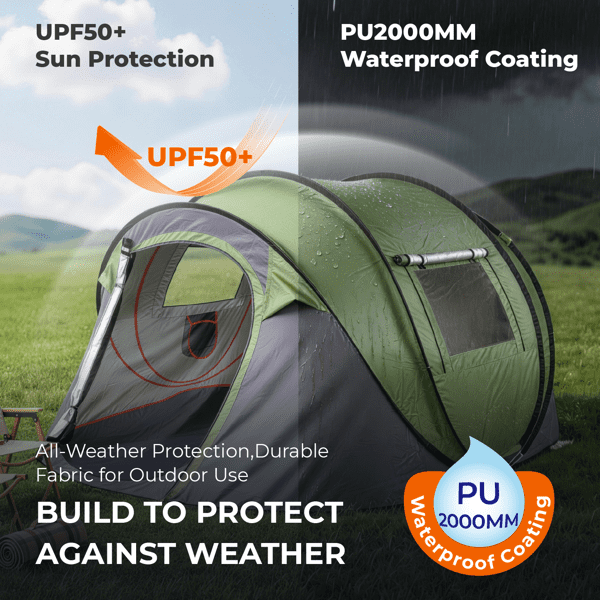 COTINSE Instant Pop Up Camping Tent, 4 Person Waterproof Family Tent with Front Awning, Dual Mesh Doors, Storage Pockets and Carry Bag for Camping, Traveling, Green