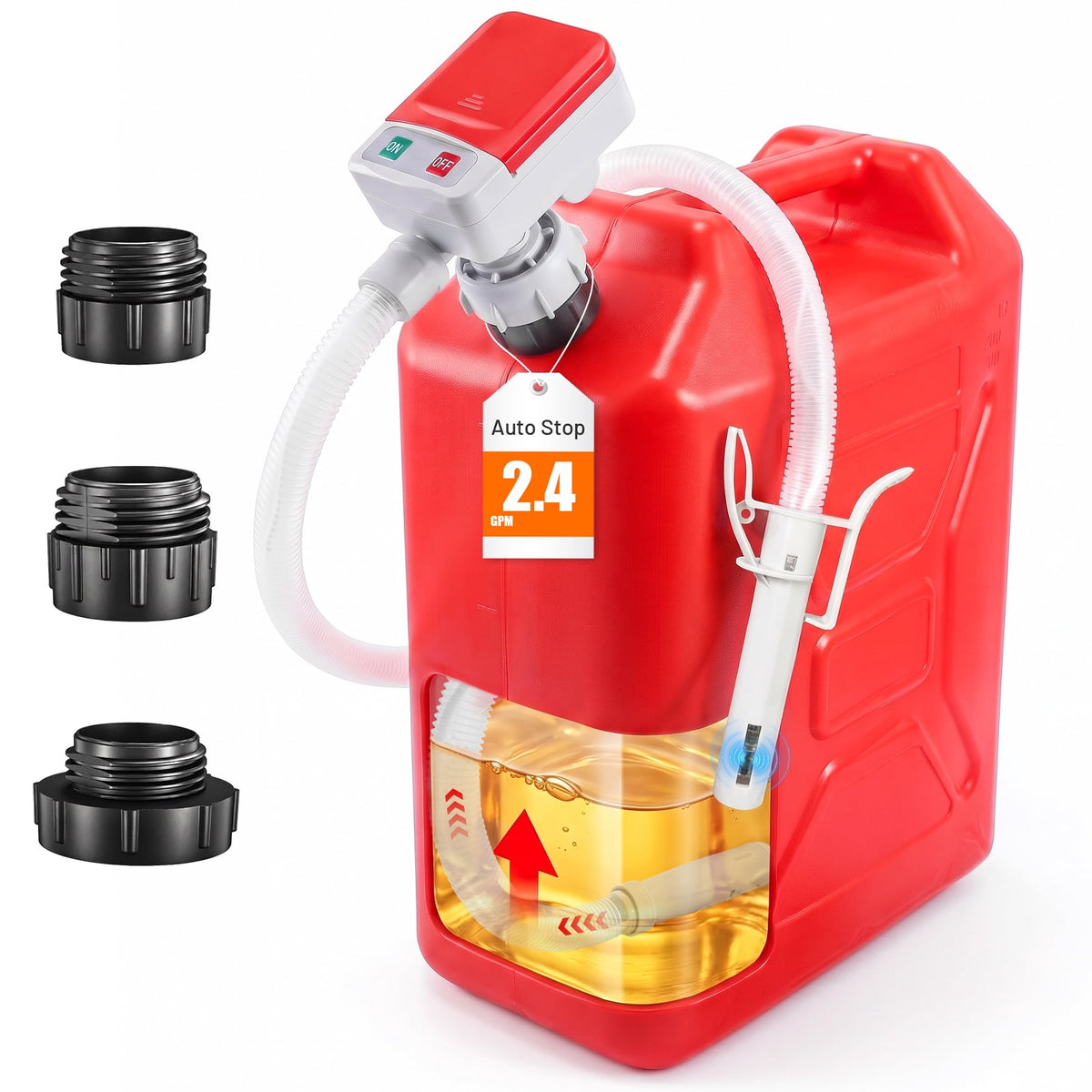 COTINSE Automatic Fuel Transfer Pump with Auto-Stop,2.4 GPM Battery Powered Gas Can Pump with 51" Hose and 3 Adapters