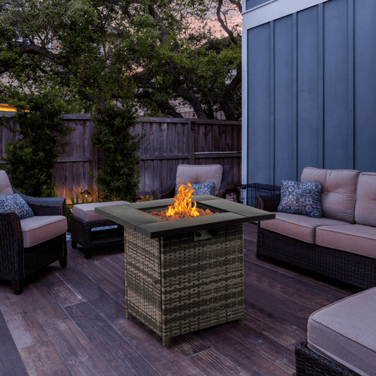 COTINSE 28" Propane Fire Pit Table, 50,000 BTU 2-in-1 Outdoor Gas Fire Table with Metal Lid, Lava Rocks, Pulse Ignition and Wicker Base for Patio Backyard Garden, Gray