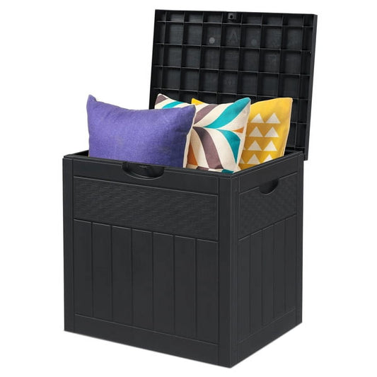 COTINSE 33 Gallon Outdoor Storage Box, Rattan-Look Plastic Deck Box for Patio Cushions, Garden Tools & Toys, Dark Gray