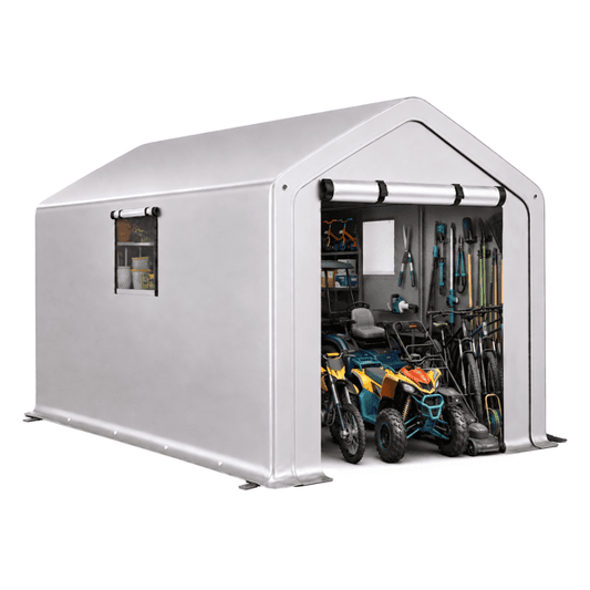 COTINSE 8x10 FT Outdoor Storage Shed, Waterproof Portable Bike Storage Tent with Roll-Up Zipper Door, 2 Windows, Heavy Duty Frame and Ground Stakes for Bicycles, Garden Tools and Firewood