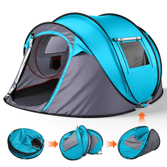 COTINSE Instant Pop Up Camping Tent, 4 Person Waterproof Family Tent with Front Awning, Dual Mesh Doors, Storage Pockets and Carry Bag for Camping, Traveling, Blue