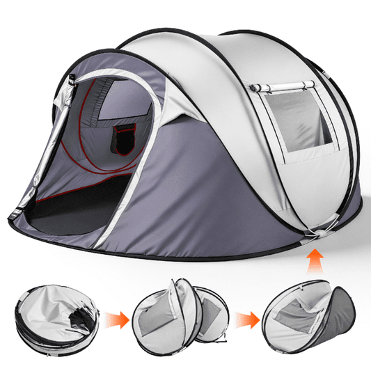 COTINSE Instant Pop Up Camping Tent, 4 Person Waterproof Family Tent with Front Awning, Dual Mesh Doors, Storage Pockets and Carry Bag for Camping, Traveling, Light Gray
