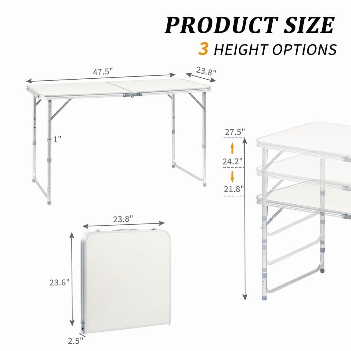 COTINSE 4 FT Adjustable Height Aluminum Folding Table with Carry Handle, Portable Camping Picnic Dining Table for Indoor Outdoor Party, Beige