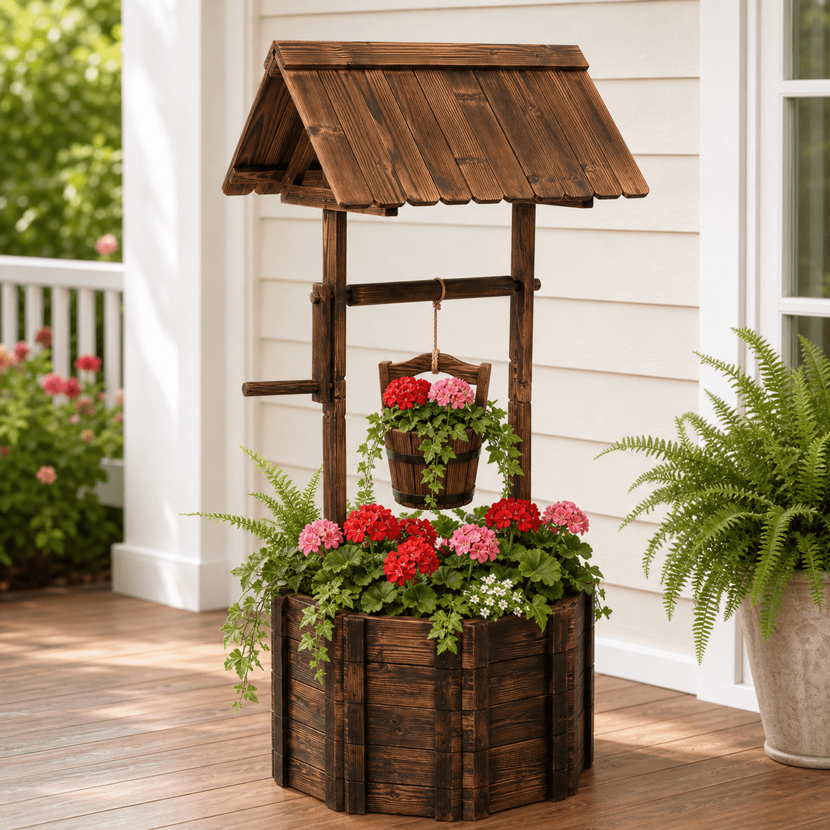 COTINSE Outdoor Wood Wishing Well Planter with Hanging Bucket for Flower and Plants, Flower Pots for Patio, Garden, Yard, Brown