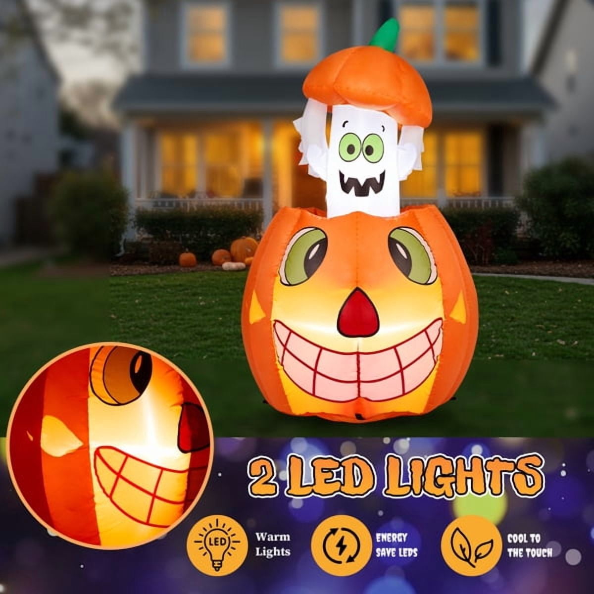 COTINSE 33.6in Halloween Inflatable Pumpkin Ghost with Built-In LED Lights, Outdoor Blow Up Yard Decoration for Lawn, Garden and Party