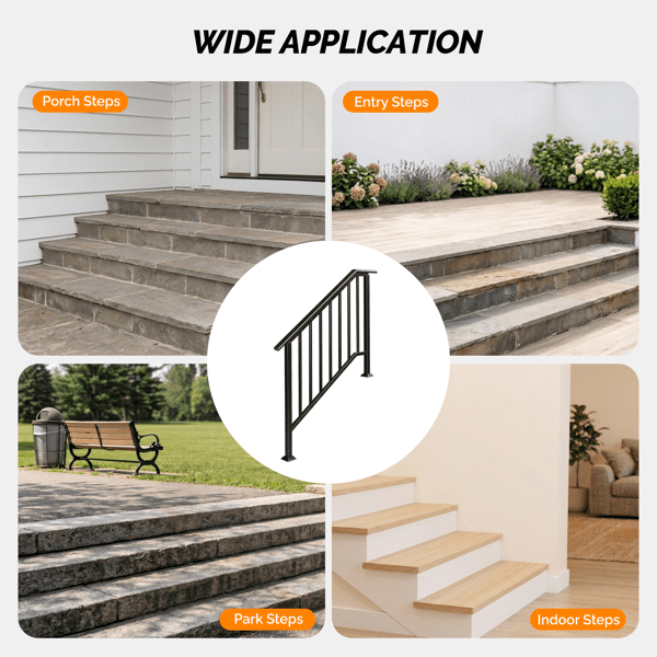 COTINSE Heavy-Duty Wrought Iron Handrails for Outdoor Steps, Fits 3 to 4 Steps, 600lbs Support Metal Stair Railing for Concrete or Wood,Black