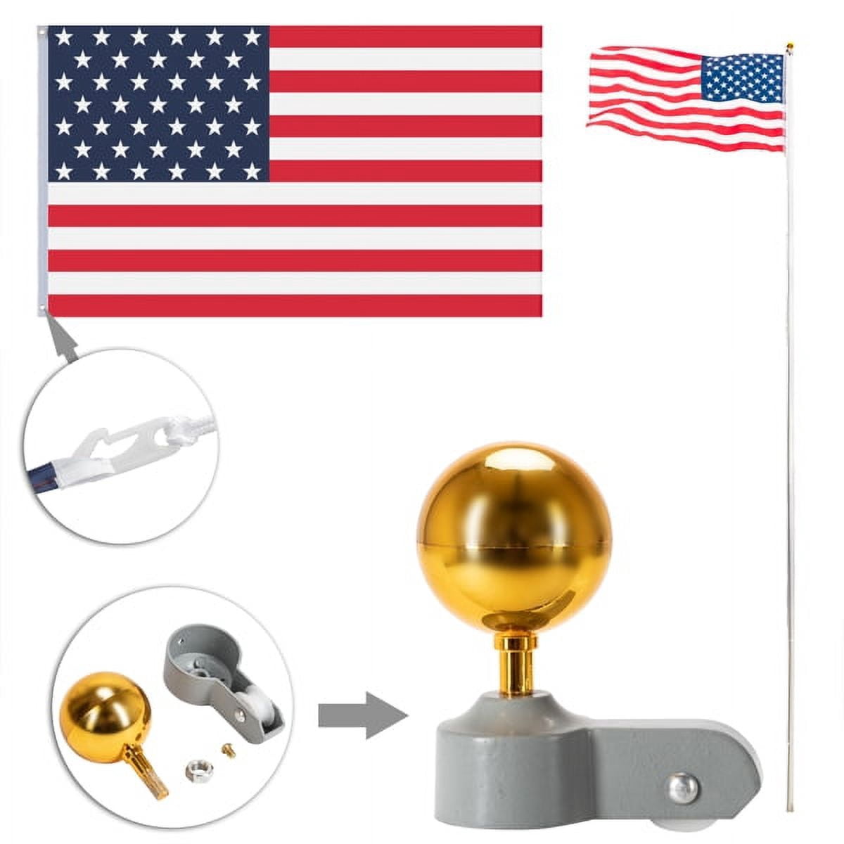 COTINSE 25FT Sectional Aluminum Flag Pole Kit with 2PCS 3x5 FT American Flags, Gold Ball Finial, Halyard Rope and PVC Sleeve for Outdoor Yard