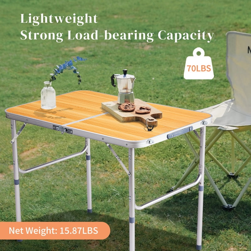 COTINSE 3 FT Adjustable Height Aluminum Folding Table with Carry Handle, Portable Camping Picnic Dining Table for Indoor Outdoor Use, Woodgrain