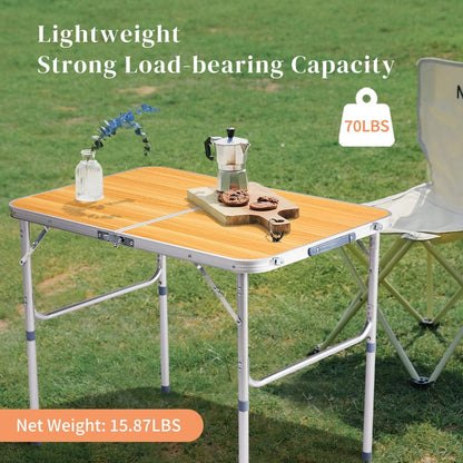 COTINSE 3 FT Adjustable Height Aluminum Folding Table with Carry Handle, Portable Camping Picnic Dining Table for Indoor Outdoor Use, Woodgrain