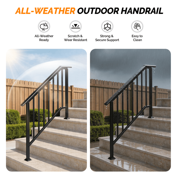 COTINSE Heavy-Duty Wrought Iron Handrails for Outdoor Steps, Fits 3 to 4 Steps, 600lbs Support Metal Stair Railing for Concrete or Wood,Black