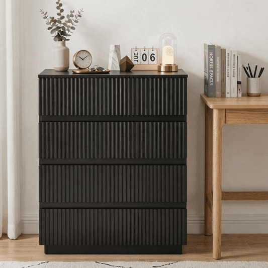 COTINSE 4-Drawer Dresser, Black Handleless Nightstand with Grille Fronts, Engineered Wood Storage Cabinet for Bedroom, 23.62 in Wide