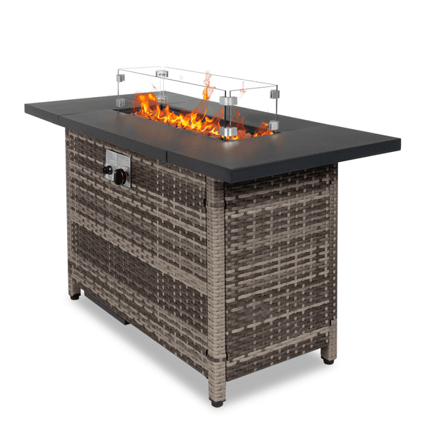 COTINSE 43" Propane Fire Pit Table, 50,000 BTU Outdoor Gas Fire Table with Glass Wind Guard, Lid, Lava Rocks and Wicker Base for Patio, Backyard and Garden, Gray