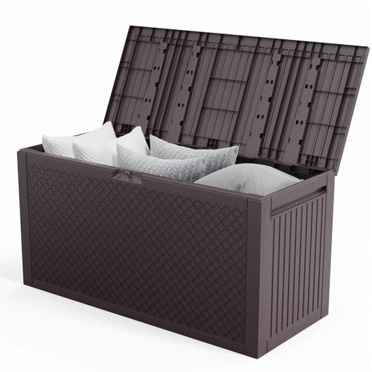 COTINSE 90 Gallon Deck Box, Outdoor Large Storage Box, Waterproof Resin Storage Bench for Patio, Cushions, Gardening Tools, Pool Supplies, Brown