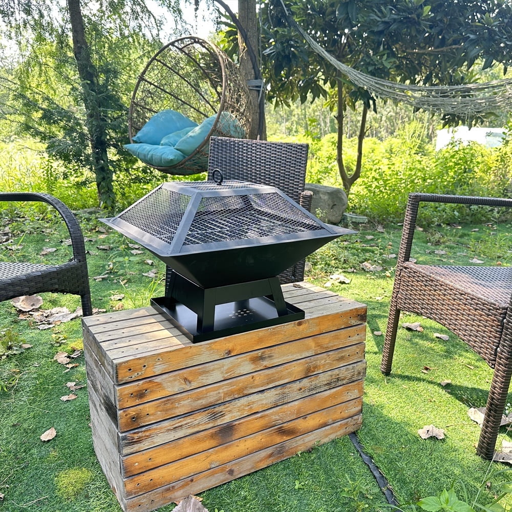 COTINSE 3-in-1 Square Fire Pit for Outside, 19-Inch Wood Burning Fireplace with BBQ Grill, Mesh Lid and Fire Poker, Black - image 6