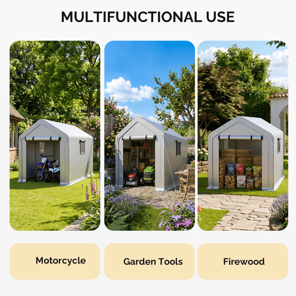 COTINSE 8x10 FT Outdoor Storage Shed, Waterproof Portable Bike Storage Tent with Roll-Up Zipper Door, 2 Windows, Heavy Duty Frame and Ground Stakes for Bicycles, Garden Tools and Firewood