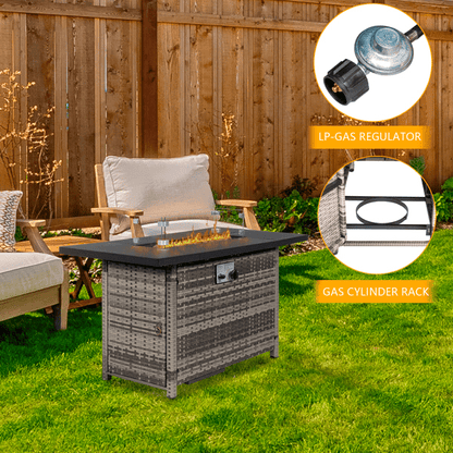 COTINSE 43" Propane Fire Pit Table, 50,000 BTU Outdoor Gas Fire Table with Glass Wind Guard, Lid, Lava Rocks and Wicker Base for Patio, Backyard and Garden, Gray
