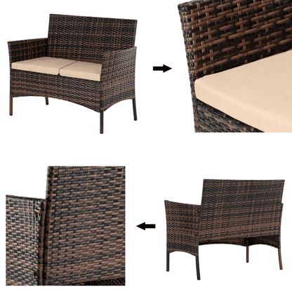 COTINSE 4 Piece Patio Conversation Set, Outdoor PE Rattan Wicker Furniture Set with 2 Armchairs, Loveseat, Tempered Glass Coffee Table & Cushions, Brown