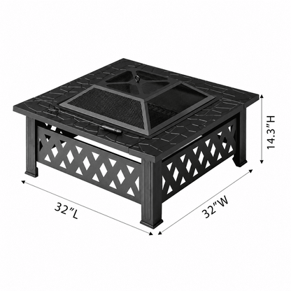 COTINSE 32" Fire Pit for Outside, Square Wood Burning Outdoor Firepit with Mesh Spark Screen and Fire Poker for Patio, Backyard, Camping and Bonfire, Black