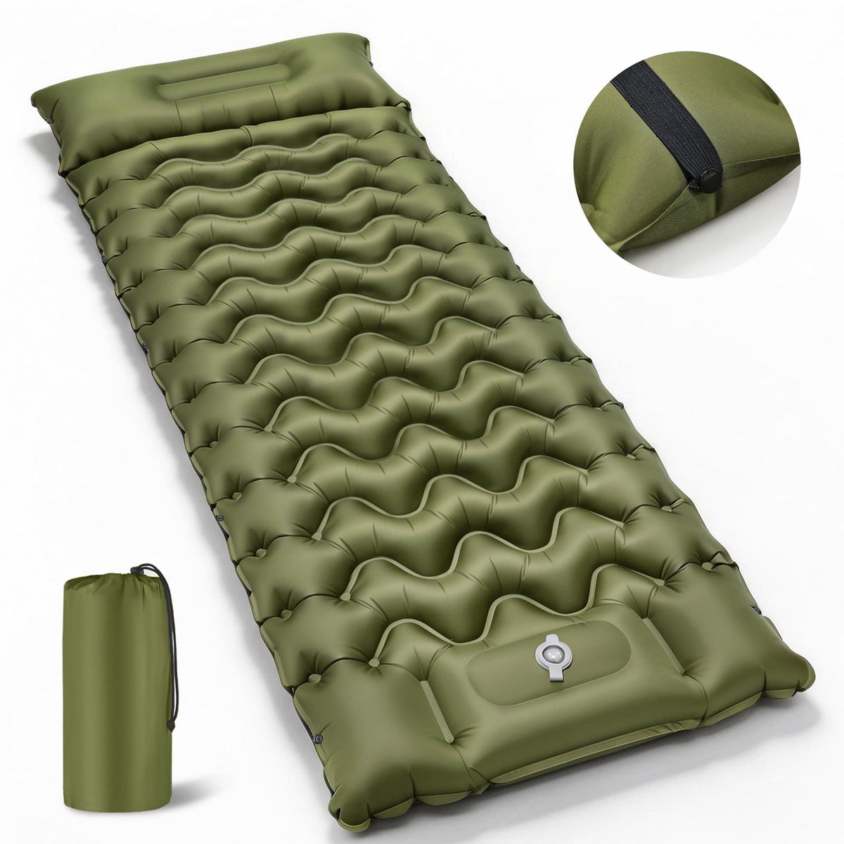 COTINSE Ultralight Inflatable Camping Sleeping Pad with Built-in Foot Pump and Pillow for Hiking, Single, Military Green