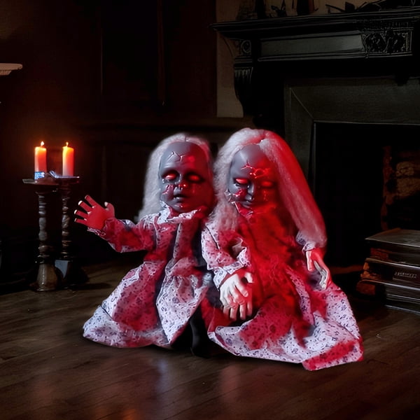 COTINSE 2.8 FT Animatronic Twin Girls Halloween Decoration with Light-Up Eyes, Creepy Sounds & Swaying Bodies, Battery Powered