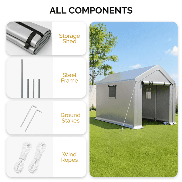 COTINSE 8x10 FT Outdoor Storage Shed, Waterproof Portable Bike Storage Tent with Roll-Up Zipper Door, 2 Windows, Heavy Duty Frame and Ground Stakes for Bicycles, Garden Tools and Firewood