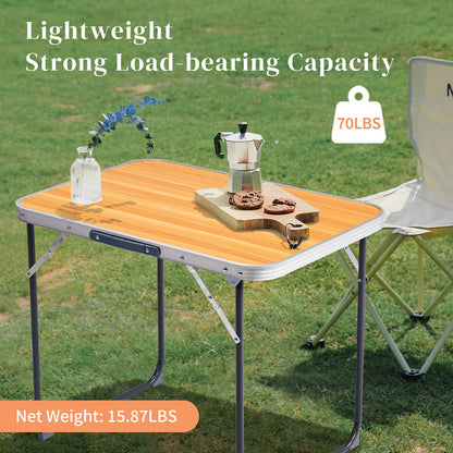 COTINSE 2.3 FT Portable Aluminum Folding Table with Carry Handle, Camping Picnic Dining Table for Indoor Outdoor Party, Woodgrain