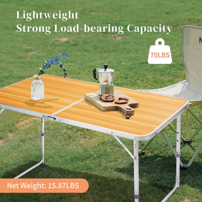 COTINSE 4 FT Adjustable Height Aluminum Folding Table with Carry Handle, Portable Camping Picnic Dining Table for Indoor Outdoor Party, Woodgrain