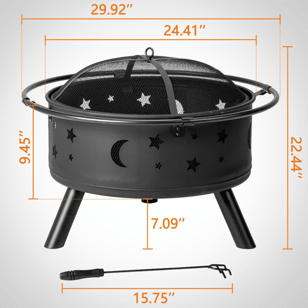 COTINSE 30-Inch Wood Burning Fire Pit for Outside with Spark Screen and Poker, Round Metal Fire Bowl for Patio, Backyard and Camping, Black