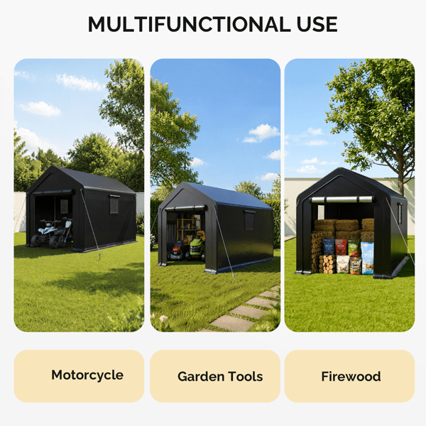 COTINSE 8x10 FT Outdoor Storage Shed, Waterproof Portable Bike Storage Tent with Roll-Up Zipper Door, 2 Windows, Heavy Duty Frame and Ground Stakes for Bicycles, Garden Tools and Firewood
