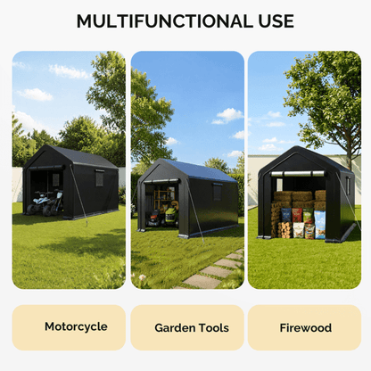 COTINSE 8x10 FT Outdoor Storage Shed, Waterproof Portable Bike Storage Tent with Roll-Up Zipper Door, 2 Windows, Heavy Duty Frame and Ground Stakes for Bicycles, Garden Tools and Firewood
