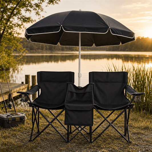 COTINSE Folding Beach Double Chair with Removable Umbrella, Outdoor Camping Chair with Cooler Bag, Fishing Chair with Carrying Bag, Black