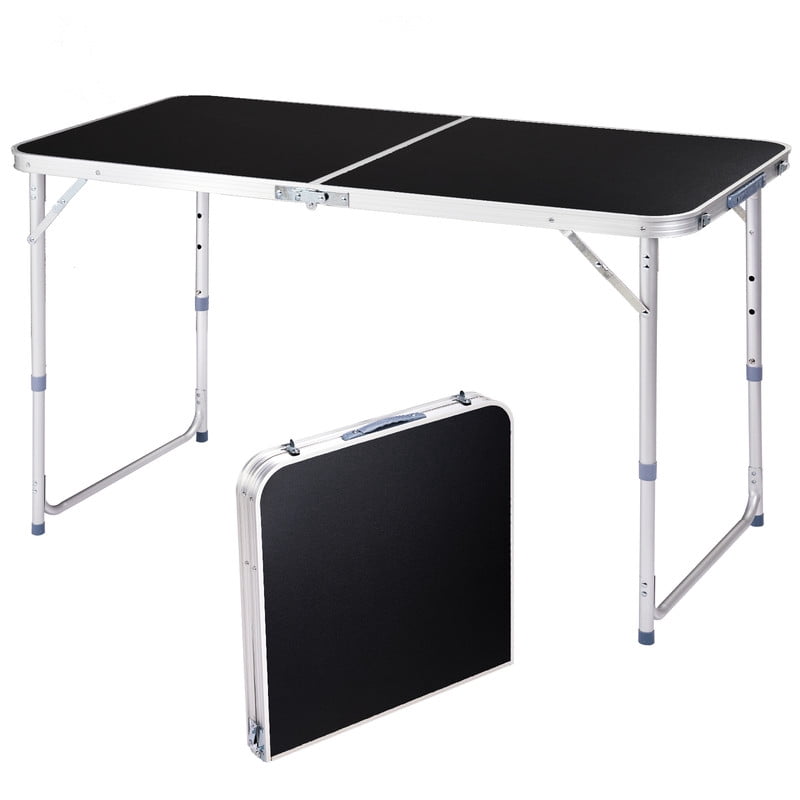 COTINSE 4 FT Adjustable Height Aluminum Folding Table with Carry Handle, Portable Camping Picnic Dining Table for Indoor Outdoor Party, Black