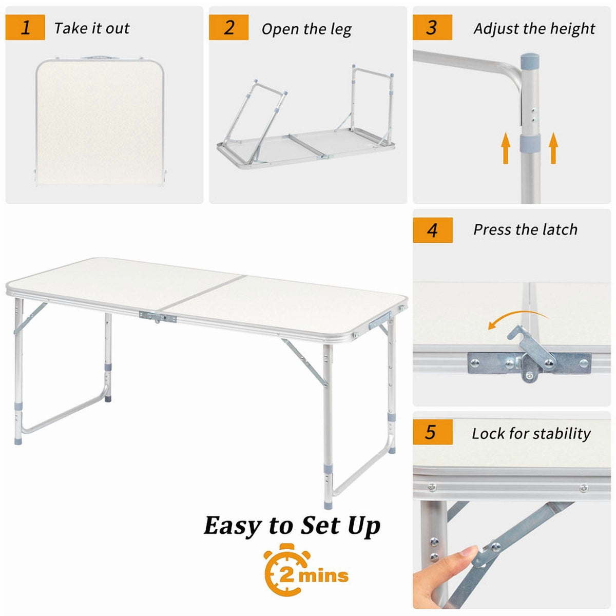 COTINSE 4 FT Adjustable Height Aluminum Folding Table with Carry Handle, Portable Camping Picnic Dining Table for Indoor Outdoor Party, Beige