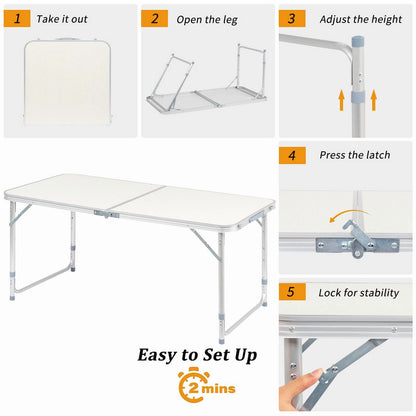COTINSE 4 FT Adjustable Height Aluminum Folding Table with Carry Handle, Portable Camping Picnic Dining Table for Indoor Outdoor Party, Beige