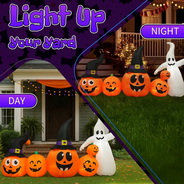 COTINSE 8 FT Halloween Inflatable Pumpkin Ghost Yard Decoration with Built-In LED Lights, Blow Up Outdoor Decor for Lawn, Garden and Party