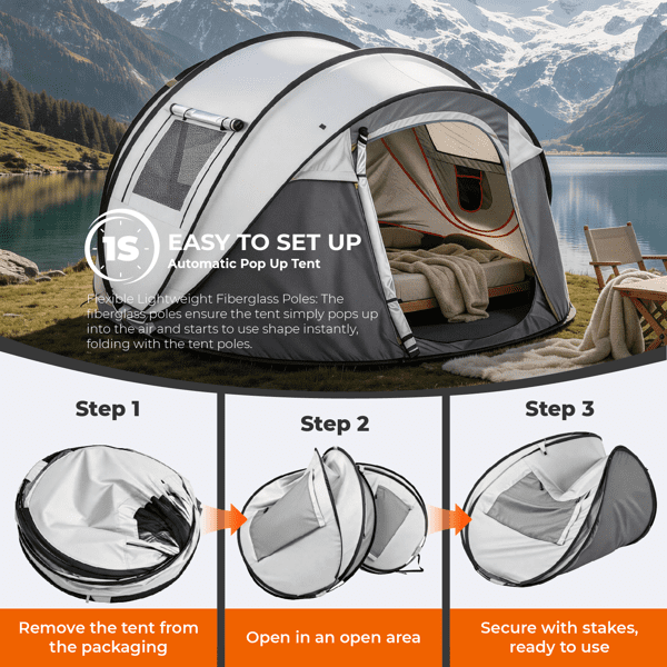 COTINSE Instant Pop Up Camping Tent, 4 Person Waterproof Family Tent with Front Awning, Dual Mesh Doors, Storage Pockets and Carry Bag for Camping, Traveling, Light Gray