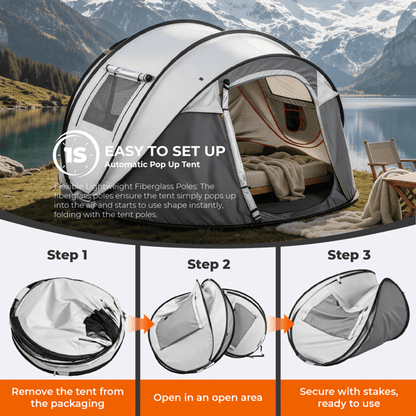COTINSE Instant Pop Up Camping Tent, 4 Person Waterproof Family Tent with Front Awning, Dual Mesh Doors, Storage Pockets and Carry Bag for Camping, Traveling, Light Gray
