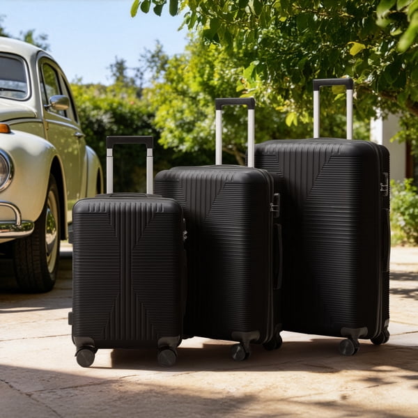 COTINSE 3 Piece Hardside Luggage Set, Lightweight PP Suitcases with 360° Spinner Wheels, 20/24/28 Inch Travel Trolley Case, Black