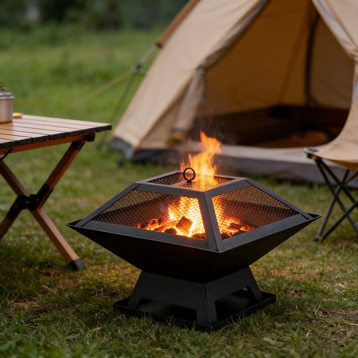 COTINSE 3-in-1 Square Fire Pit for Outside, 19-Inch Wood Burning Fireplace with BBQ Grill, Mesh Lid and Fire Poker, Black - image 2
