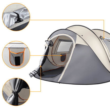 COTINSE Instant Pop Up Camping Tent, 4 Person Waterproof Family Tent with Front Awning, Dual Mesh Doors, Storage Pockets and Carry Bag for Camping, Traveling, Khaki