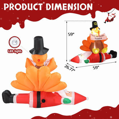 COTINSE 4.9 FT Christmas Inflatable Decorations Outdoor, Turkey Sitting on Santa Claus Blow Up Yard Decoration with Built-in LED Lights