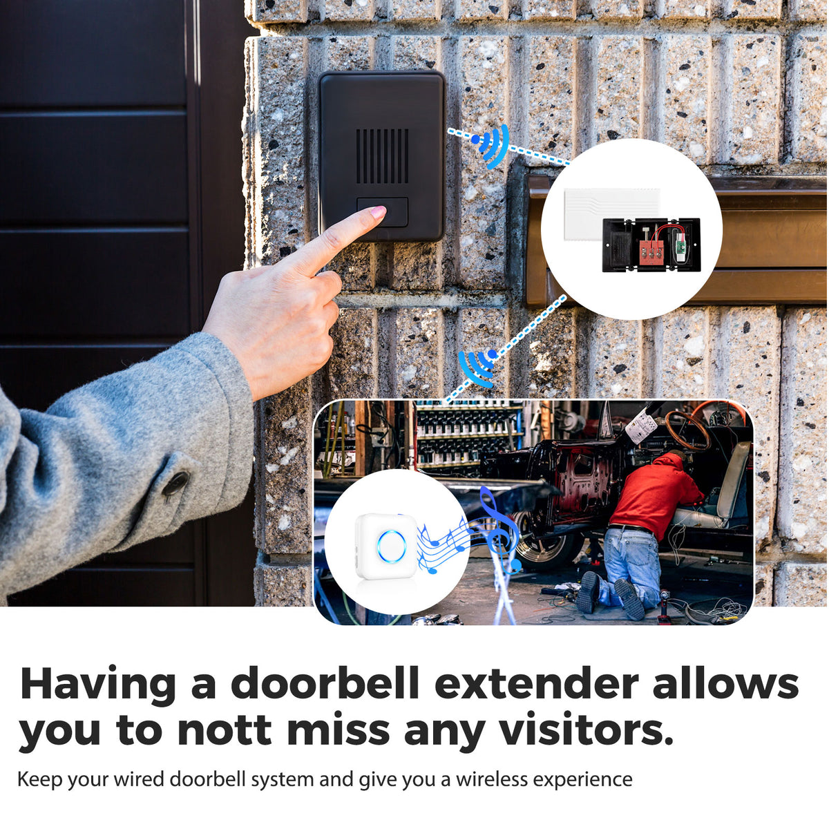 Cotinse Wireless Doorbell Extender – Convert Hardwired Doorbell to Wireless System | 656FT Range, 58 Chimes, 5 Volume Levels | Compatible with Video Doorbells