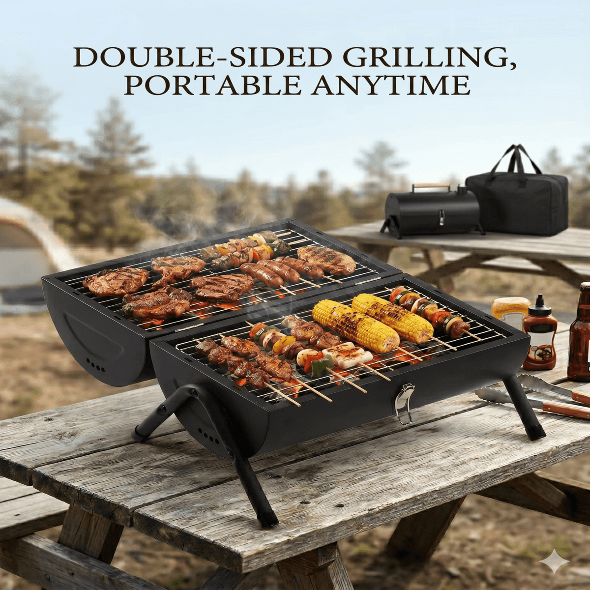 COTINSE 16.3" Portable Tabletop Charcoal Grill, Double-Sided BBQ Stove for 4-5 People, Black
