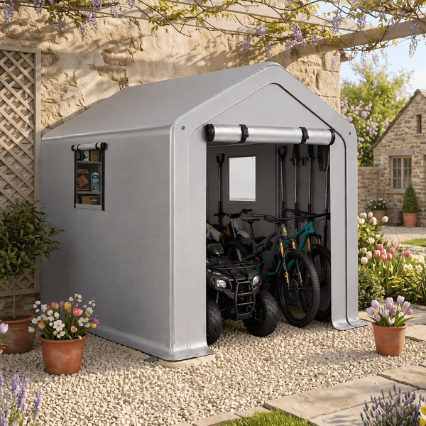 COTINSE 6x10 FT Outdoor Storage Shed, Waterproof Portable Bike Storage Tent with Roll-Up Zipper Door, 2 Windows, Heavy Duty Frame and Ground Stakes for Bicycles, Garden Tools and Firewood