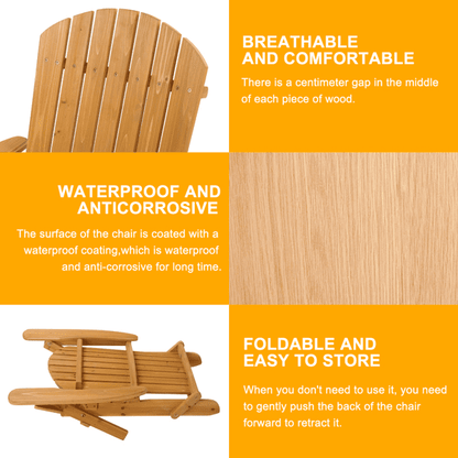 COTINSE Folding Adirondack Chair, Natural Fir Wood Outdoor Lounge Chair with Wide Armrests, Waterproof Coating for Patio, Porch, Garden and Beach, Natural