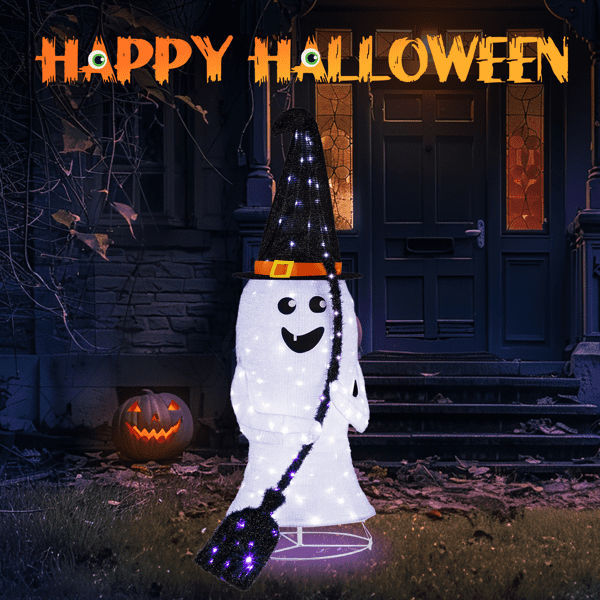 COTINSE 4ft Lighted Pop-Up Ghost Halloween Decorations with 100 LED Lights, Outdoor Yard Decor & Party Supplies for Lawn