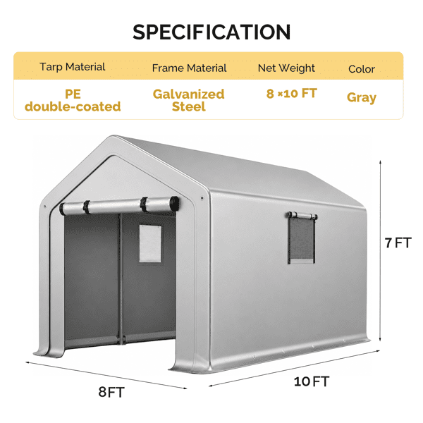 COTINSE 8x10 FT Outdoor Storage Shed, Waterproof Portable Bike Storage Tent with Roll-Up Zipper Door, 2 Windows, Heavy Duty Frame and Ground Stakes for Bicycles, Garden Tools and Firewood